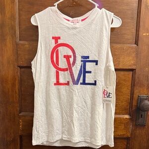 PJ Salvage White Sleeveless Tee with Red-to-Blue LOVE Graphic